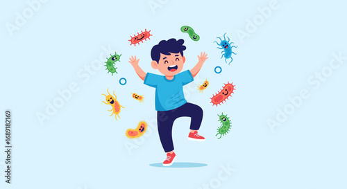 Happy child dancing surrounded by colorful cartoon germs and bacteria celebrating a healthy immune system
