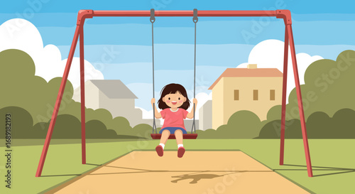 A joyful young girl swinging high on a playground swing set on a sunny day surrounded by trees and buildings