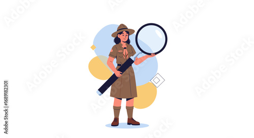 Young explorer girl scout with magnifying glass discovering hidden treasures and secrets of the natural world