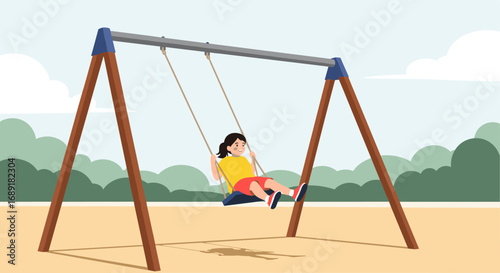A happy young girl enjoys a sunny day on a playground swing set in a park with trees in the background