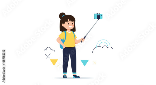 Young girl capturing memories with a selfie stick on a scenic adventure