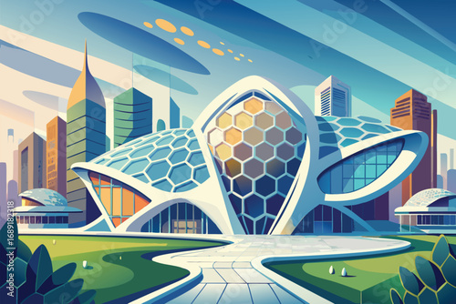 Innovative architectural structure surrounded by greenery and city life—perfect for illustrating smart urban planning, eco-friendly design, and contemporary building trends.