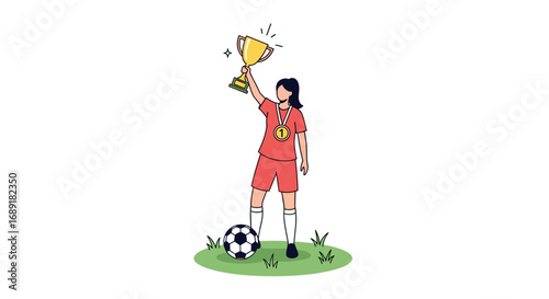 A female soccer player victoriously holds a championship trophy above her head during a match