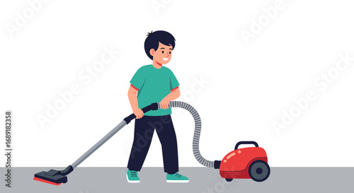 Young boy cheerfully vacuuming the floor a typical household chore and cleaning activity for children