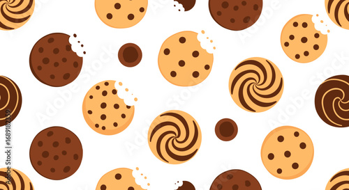 A delicious assortment of baked goods featuring chocolate chip and swirl cookies with a bitten edge