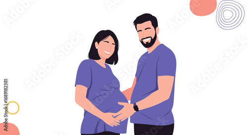 A happy pregnant woman and her smiling husband are holding her baby bump together