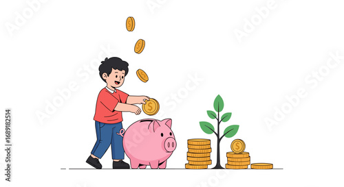 Boy saving money coins into piggy bank illustration for financial education concept