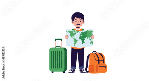 Young traveler with map and luggage preparing for global adventure exploration