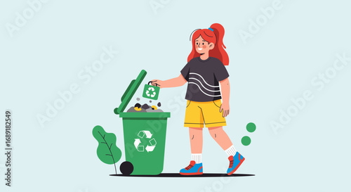 Young woman actively recycling waste in a green bin promoting environmental responsibility and sustainable living habits