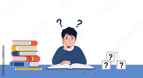 A young boy contemplates difficult questions while studying books with question marks above his head
