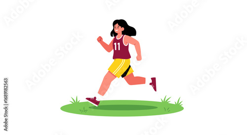 Young athletic woman with dark hair wearing a maroon tank top and yellow shorts running outdoors on green grass in a motion blur