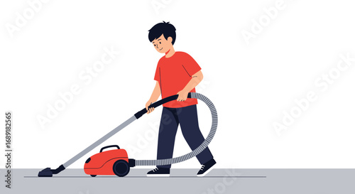 A young boy diligently vacuums the floor with a bright red cleaning machine