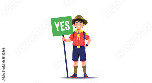 Enthusiastic young boy scout holds up a large green sign that clearly displays the word yes