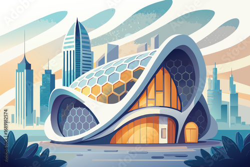 Futuristic Urban Building With Unique Architecture Against Modern City Skyline