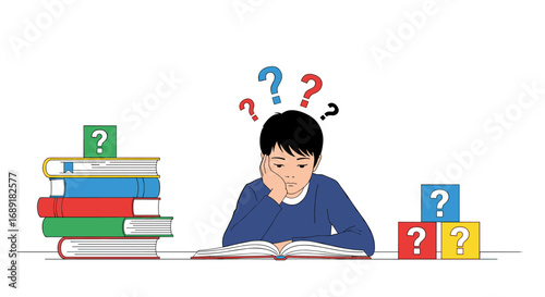 A young student grapples with difficult questions during study time surrounded by books