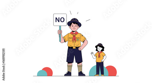 Two young scouts standing firm and holding up a no sign with authority and confidence