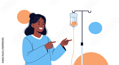 A young woman points enthusiastically towards an intravenous drip bag hanging from an iv pole in a medical setting promoting good health awareness and care