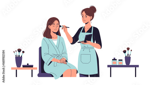 Professional makeup artist applying cosmetic products to a client in a beauty salon setting with brushes and tools