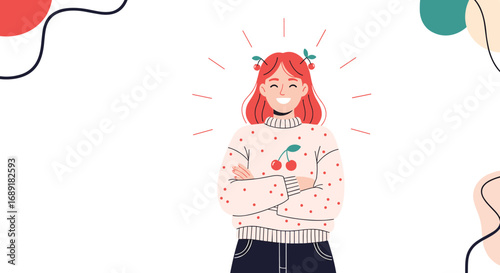 Cheerful young woman with red hair wearing a cute cherry patterned sweater feeling joyful and confident