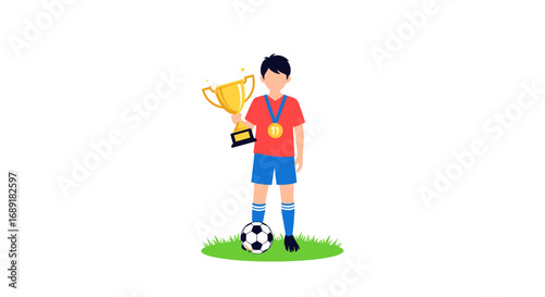Young soccer player victorious holding gold trophy and medal celebrating championship victory
