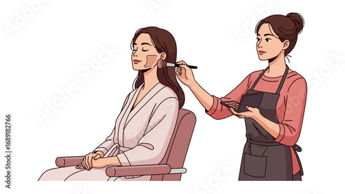 Professional makeup artist applying cosmetic foundation to a client s face in a salon setting