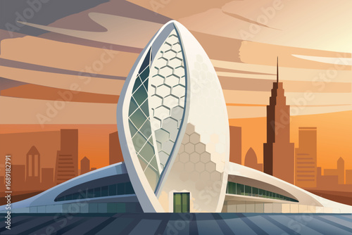 Depicting an ultramodern architectural structure with dynamic shapes and solar-inspired design, contrasted against an urban skyline under a warm sunset glow.