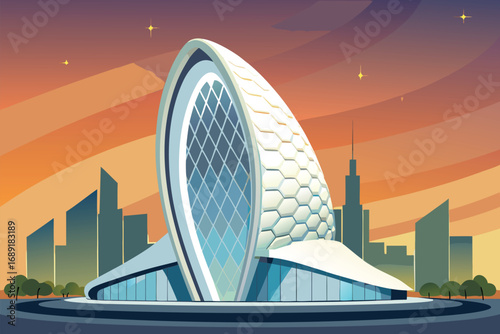 Futuristic Architectural Structure in Modern City Skyline During Sunset