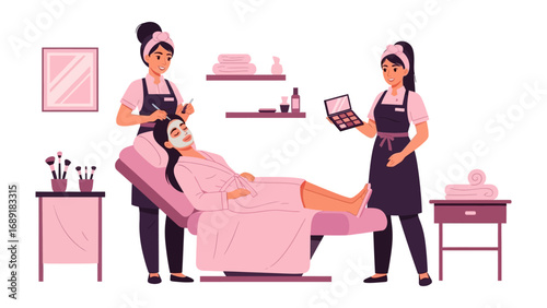 Skilled aestheticians providing facial treatments and makeup application in a modern spa setting