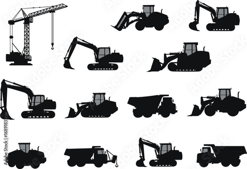 Excavator, bulldozer, dump truck, tower crane, loader, crawler tractor, construction machinery silhouettes, heavy equipment, industrial vehicles, earthmoving tools, black vector