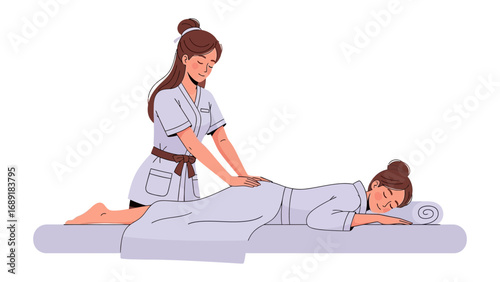 Therapist kneeling and performing a relaxing back massage on a person lying down