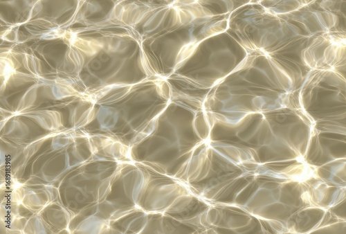 Abstract, textured image of water with sunlight reflections creating shimmering patterns across a sandy bottom