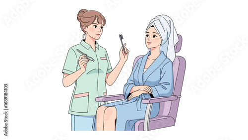 Skilled cosmetologist applying makeup to a client undergoing a hair treatment in a salon