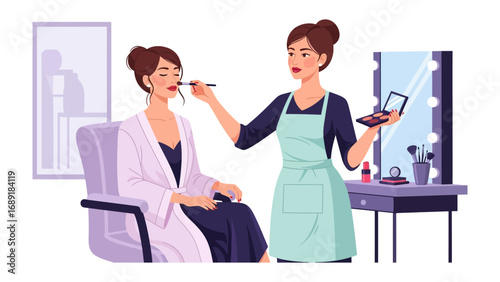 Professional makeup artist applying cosmetics to a client in a brightly lit salon setting