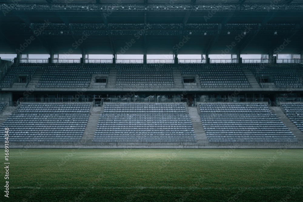 Obraz premium Empty stadium with tiered seating and a short-cropped green field, under a gloomy sky