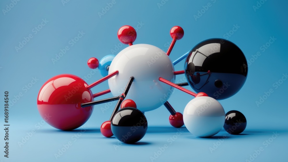 Obraz premium A molecular model with various colored spheres connected by sticks on a blue background.