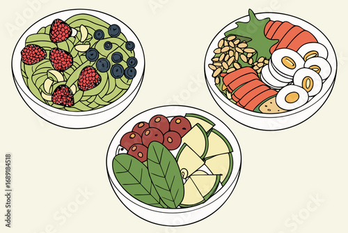 Three bowls of colorful food with various ingredients such as fruits and vegetables displayed nicely