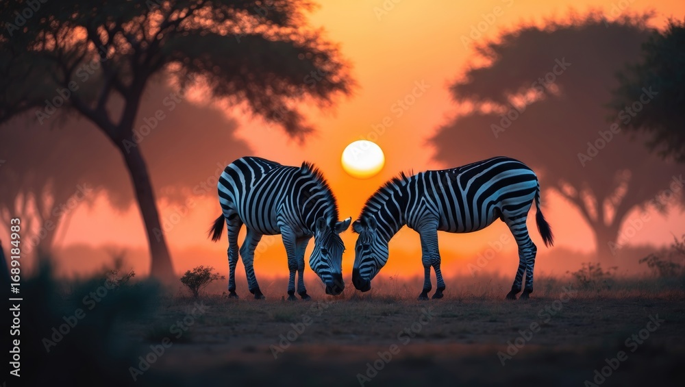 Obraz premium Two zebras grazing at sunset in a savanna landscape.