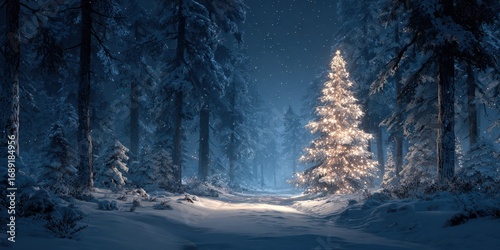 Snowy forest at night with a glowing Christmas tree illuminating the winter landscape