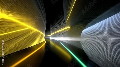Vibrant abstract light trails create dynamic movement and speed, featuring bright yellow, white, and green lines, evoking futuristic atmosphere filled with energy and color