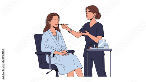 Professional makeup artist applying lipstick to a seated client in a white studio setting