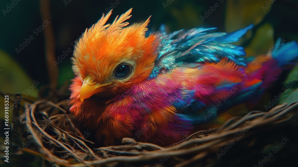 Fototapeta premium Adorable colorful baby bird in nest