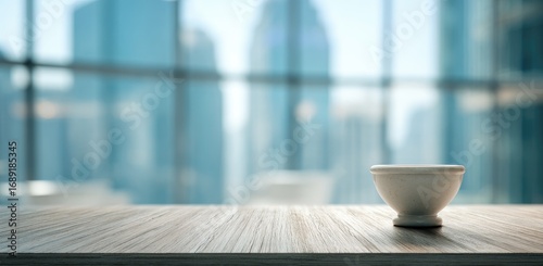 A small white bowl sits on a light wooden surface, with a blurred, urban, blue-toned skyline visible through a large window in the background
