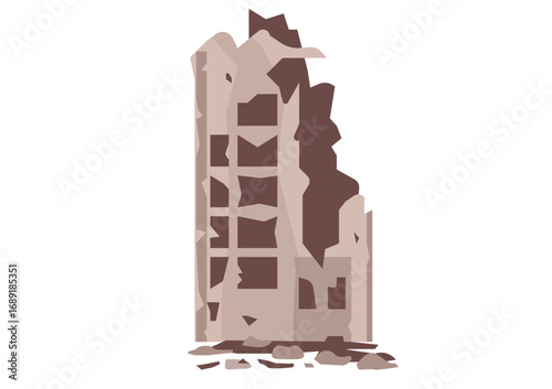 Illustration depicting a building destroyed by bombs or war conflict.