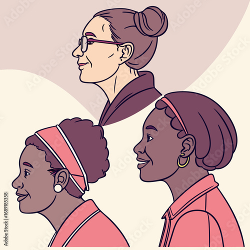 Three diverse women profiles with different hairstyles and accessories in a group setting illustration