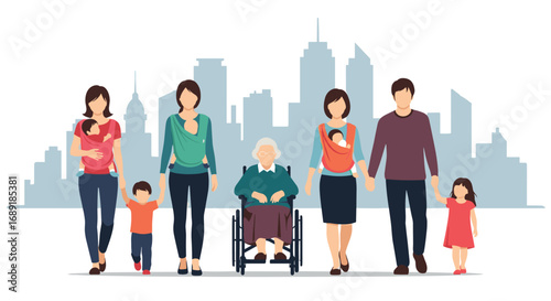 Diverse multigenerational family walking together with babies in carriers and elder in wheelchair