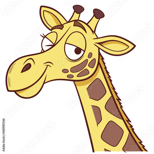 Cartoon giraffe with a sly expression and a mischievous smile looking to the side