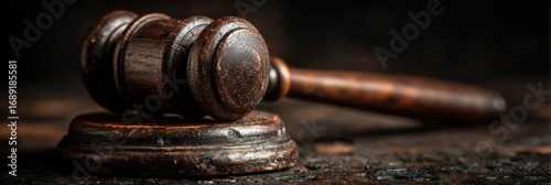 Wooden gavel rests on a circular block against a textured dark background representing justice and legal proceedings