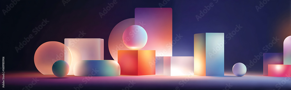 Fototapeta premium Abstract Futuristic AI Workspace with Glowing Geometric Shapes, Minimal Vector Illustration on Clean Gradient Background, Ideal for Tech - themed Projects