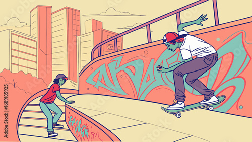 Two skaters in a skatepark with graffiti and city buildings in the background on a sunny day