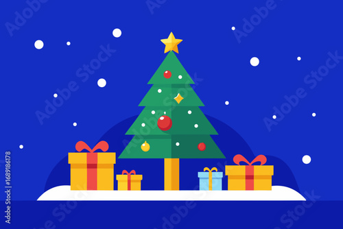 Festive christmas tree with gifts and snowfall